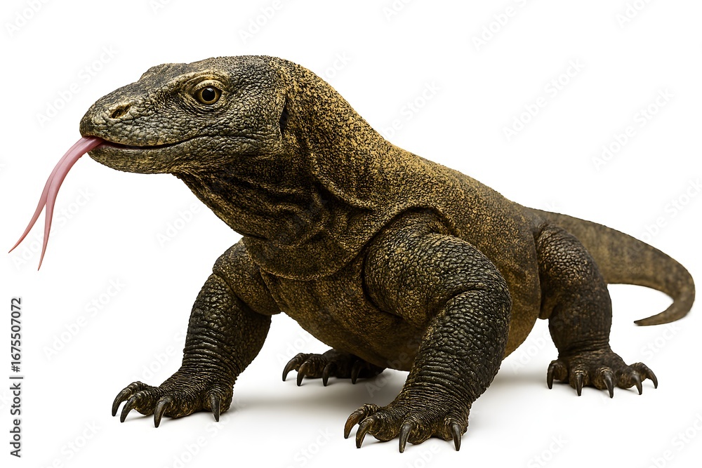 Obraz premium Full-length studio portrait of a Komodo dragon, the world's largest lizard, with its forked tongue out, isolated on a clean white background