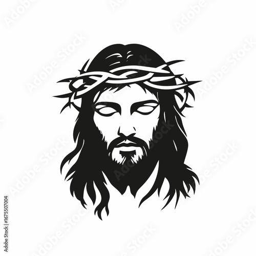 Black and white Jesus Christ with crown of thorns vector silhouette