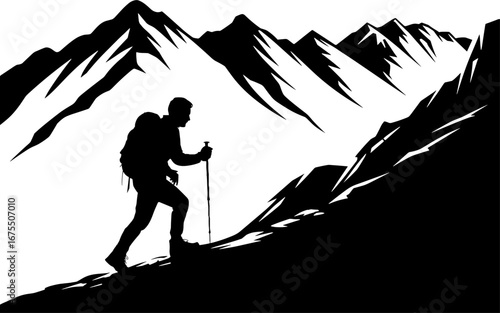 Mountain Climber Silhouette Hiking Adventure in Majestic Peaks