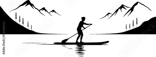 Silhouette of Paddleboarder on Calm Lake with Mountain Background