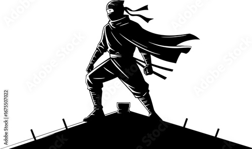 Ninja Standing on Rooftop Silhouette for Tattoo and Graphic Design