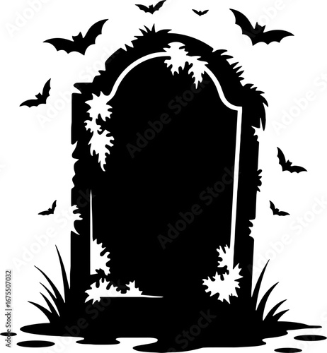Halloween Themed Gravestone with Bats and Overgrown Grass