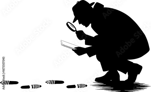 Detective Analyzing Shoe Prints with Magnifying Glass Silhouette