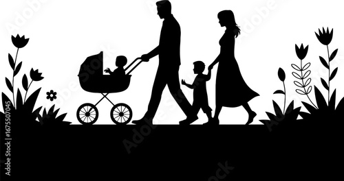 Family Strolling with Baby Carriage Silhouette in a Floral Setting