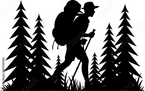 Silhouette of a Hiker Walking Among Tall Pine Trees