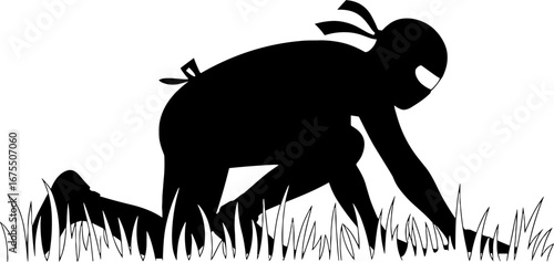 Stealthy Ninja Crouching in Grass Vector Silhouette Design