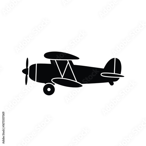 Classic biplane silhouette icon vector illustration of vintage aircraft with propeller and wings