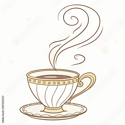 Vector art of elegant vintage teacup with steaming hot beverage illustration, perfect for cafe menus and cozy designs with a touch of nostalgia
