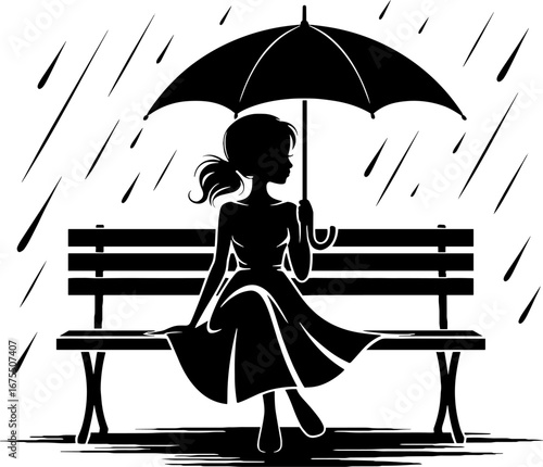 Elegant Woman Sitting on Bench Under Umbrella in Rain