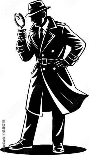 Detective Character with Magnifying Glass in Classic Trench Coat
