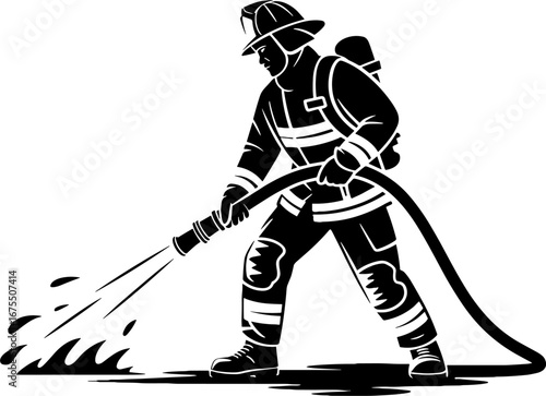 Firefighter Putting Out Flames with Hose Vector Illustration