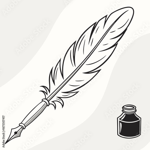 Vector art of vintage quill pen and inkwell illustration, symbolizing classic writing and literature, perfect for historical and artistic designs, showcasing a timeless style