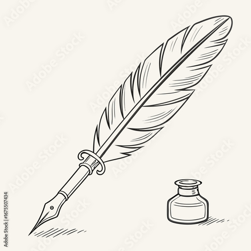 Vector art of vintage quill pen and inkwell illustration on, symbolizing classic writing and literature, perfect for historical and artistic designs