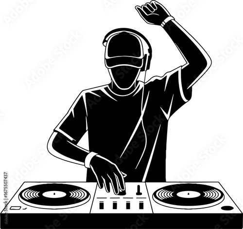 Dynamic DJ Mixing Beats at Turntables Energetic Music Scene