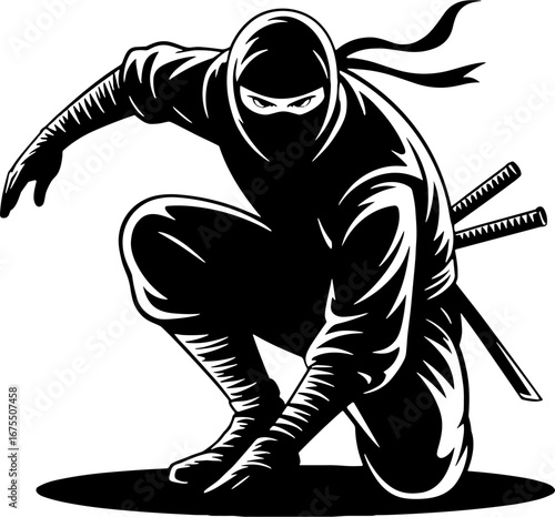 Dynamic Ninja Crouching Illustration Perfect for Tattoo and Design