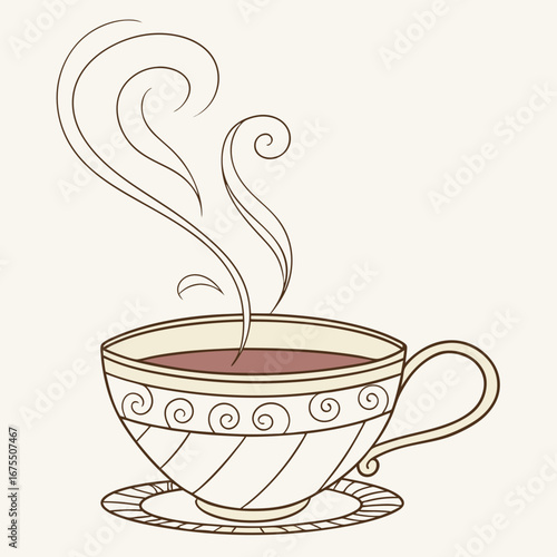 Vector art of vintage teacup with steaming hot beverage illustration, perfect for cafe menus and cozy designs with a touch of elegance
