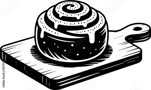 Delicious Hand-Drawn Cinnamon Roll on a Wooden Cutting Board
