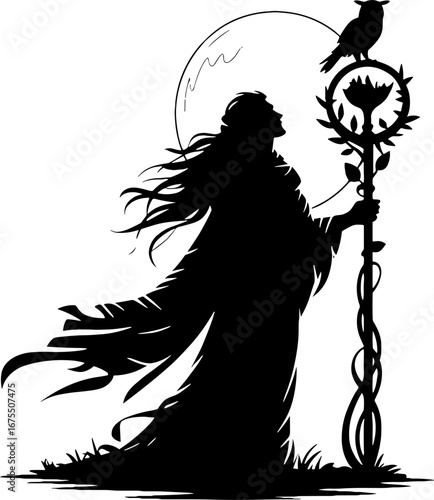 Mystical Sorceress with Staff and Owl Under Full Moon Silhouette