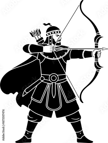 Dynamic Archer Silhouette with Bow and Quiver for Design Projects