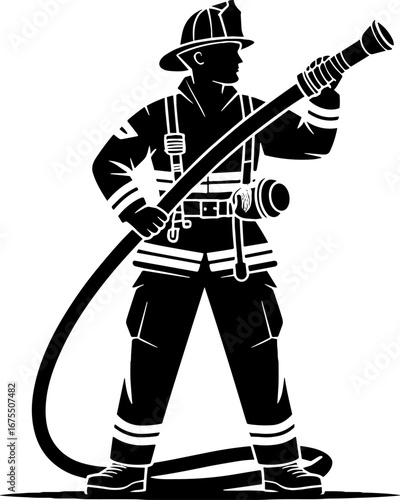 Firefighter Silhouette with Hose Action Design for Tattoo and Poster