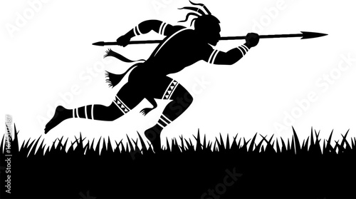 Dynamic Silhouette of Running Warrior with Spear in Grassland