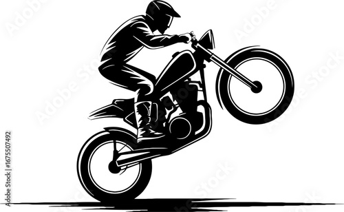 Dynamic Motorcycle Stunt Rider Performing Wheelie in Action Pose