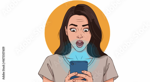 Startled Young Woman Shocked While Looking at Her Phone with Blue Light on White Background