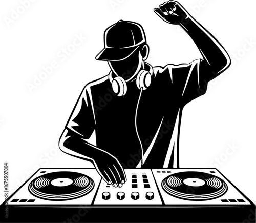 DJ Playing Music with Turntables and Headphones in Action Pose