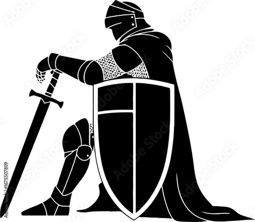 Knight in Armor Sitting with Sword and Shield Symbol of Valor