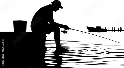 Silhouette of Fisherman Casting Line at Peaceful Waterfront