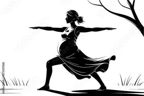 Pregnant Woman Practicing Yoga in Warrior Pose Silhouette
