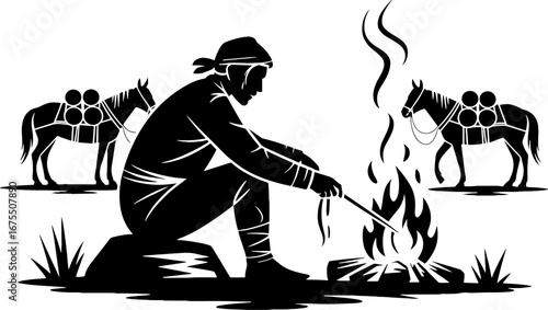 Campfire Scene with a Hunter and Pack Horses in Nature Setting