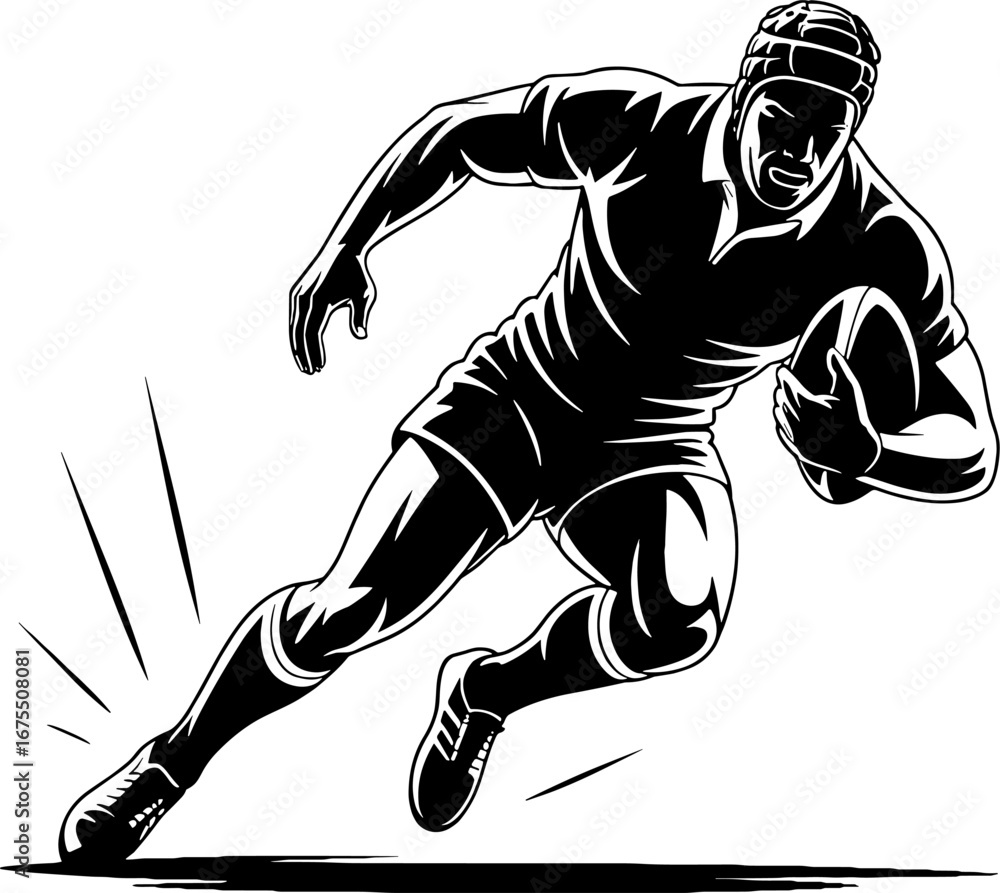 Obraz premium Dynamic Rugby Player Sprinting with Ball in Action Illustration