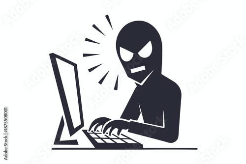 Hacker at Computer Icon with Evil Eyes on White Background, Cybercrime