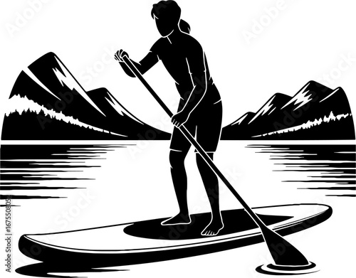 Paddleboarding Adventure Silhouette with Scenic Mountains