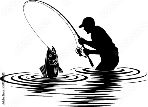 Dynamic Fisherman Catching Fish in Water Vintage Silhouette Design