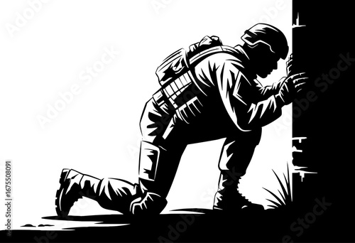 Crouching Soldier in Tactical Gear Preparing for Action