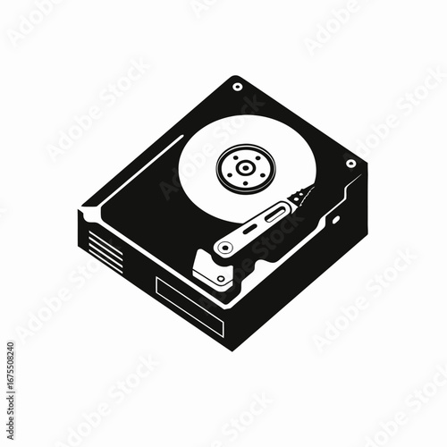 Minimalist illustration of black hard drive on white background silhouette