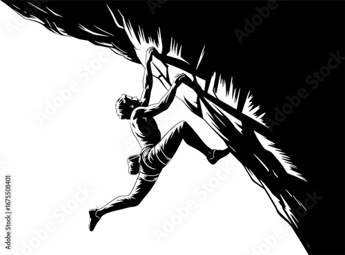 Dynamic Rock Climber Scaling Cliff in Bold Black and White Style
