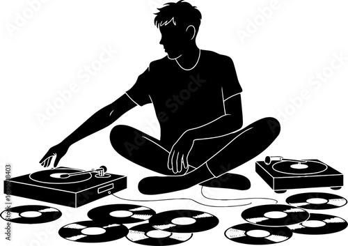 DJ Playing Vinyl Records in Stylish Black Silhouette Design