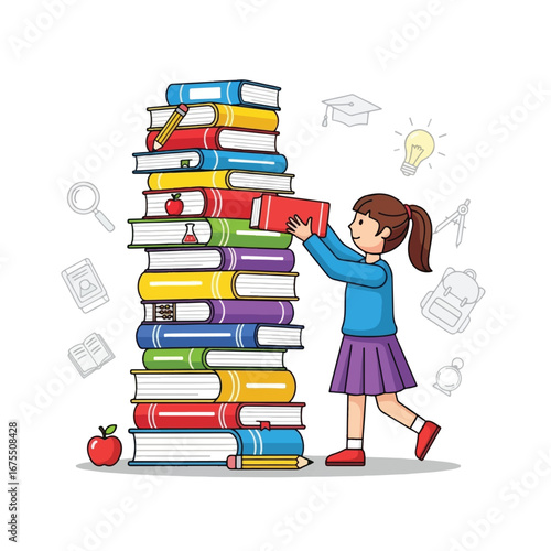 A young girl happily stacks a tall pile of colorful books, surrounded by educational icons representing learning and knowledge.