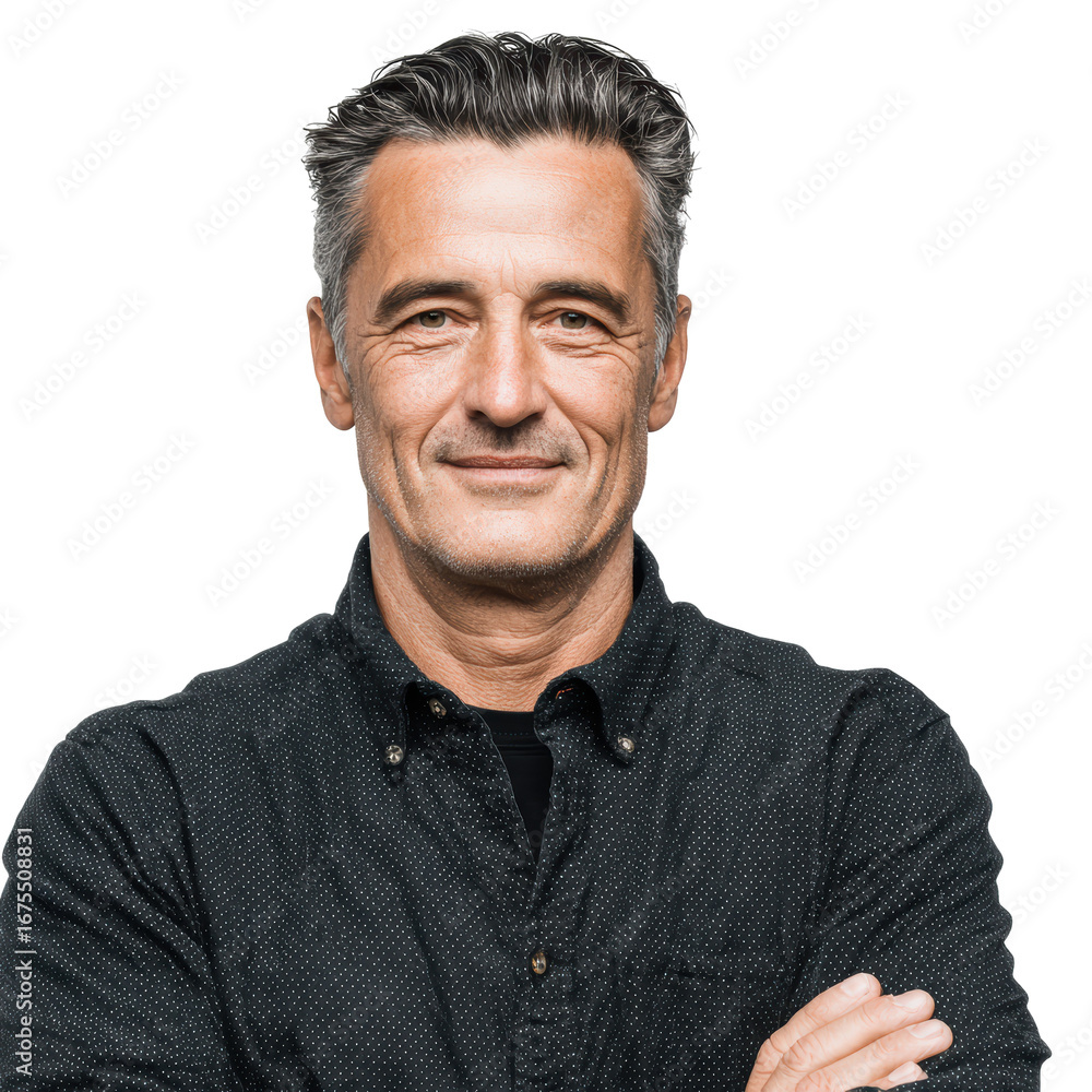 Obraz premium Confident and Smiling Mature Man with Grey Hair Arms Crossed isolated transparent png background