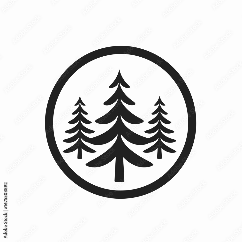 Obraz premium Minimalist evergreen forest within a circular black frame, a simple silhouette