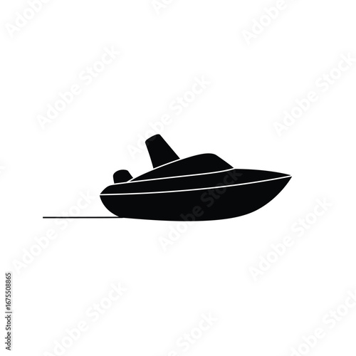 Sleek black silhouette of a modern speed boat cutting through the water leaving a subtle wake behind it