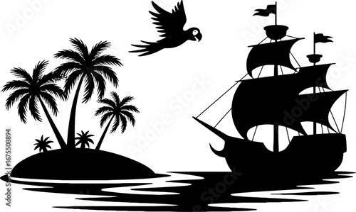 Tropical Island with Palm Trees Pirate Ship and Flying Parrot Silhouette