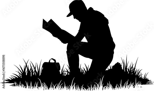 Silhouette of a Person Reading a Map While Kneeling in Grass