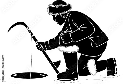 Ice Fishing Angler Digging Hole for Catch in Winter Landscape