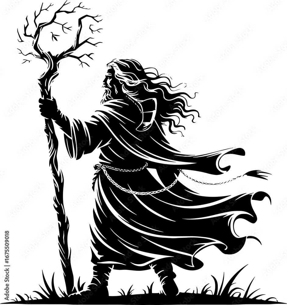 Fototapeta premium Mystical Wizard with Staff and Flowing Robes for Fantasy Art Designs