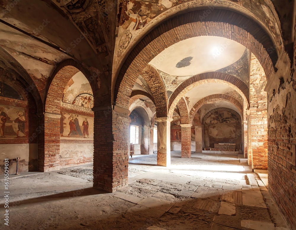 Fototapeta premium Interior view of a historical building with arches and frescoes
