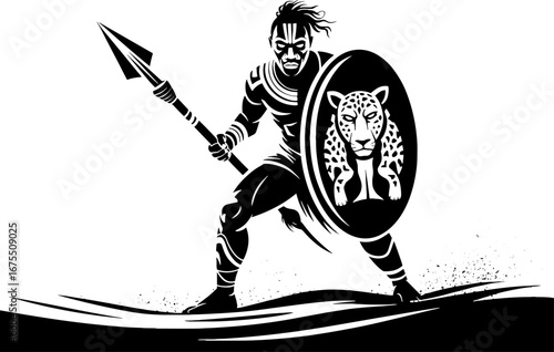 Fierce Warrior with Spear and Leopard Shield in Bold Black Silhouette